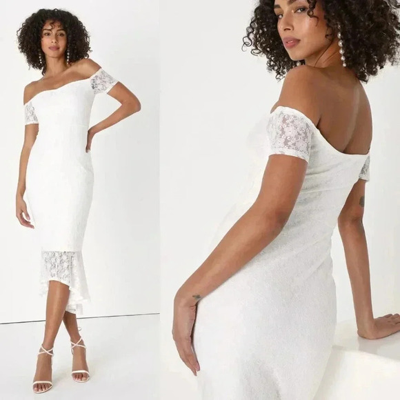 NWOT Lulus Definition of‎ Gorgeous Ivory Lace Off-the-Shoulder Midi Dress - Picture 1 of 6